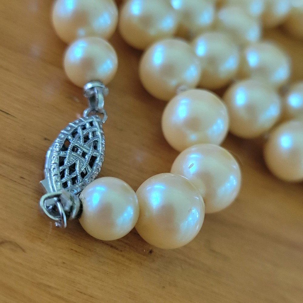 Vintage Hand Knotted Faux Pearl Necklace Filigree Clasp 20in 51g
